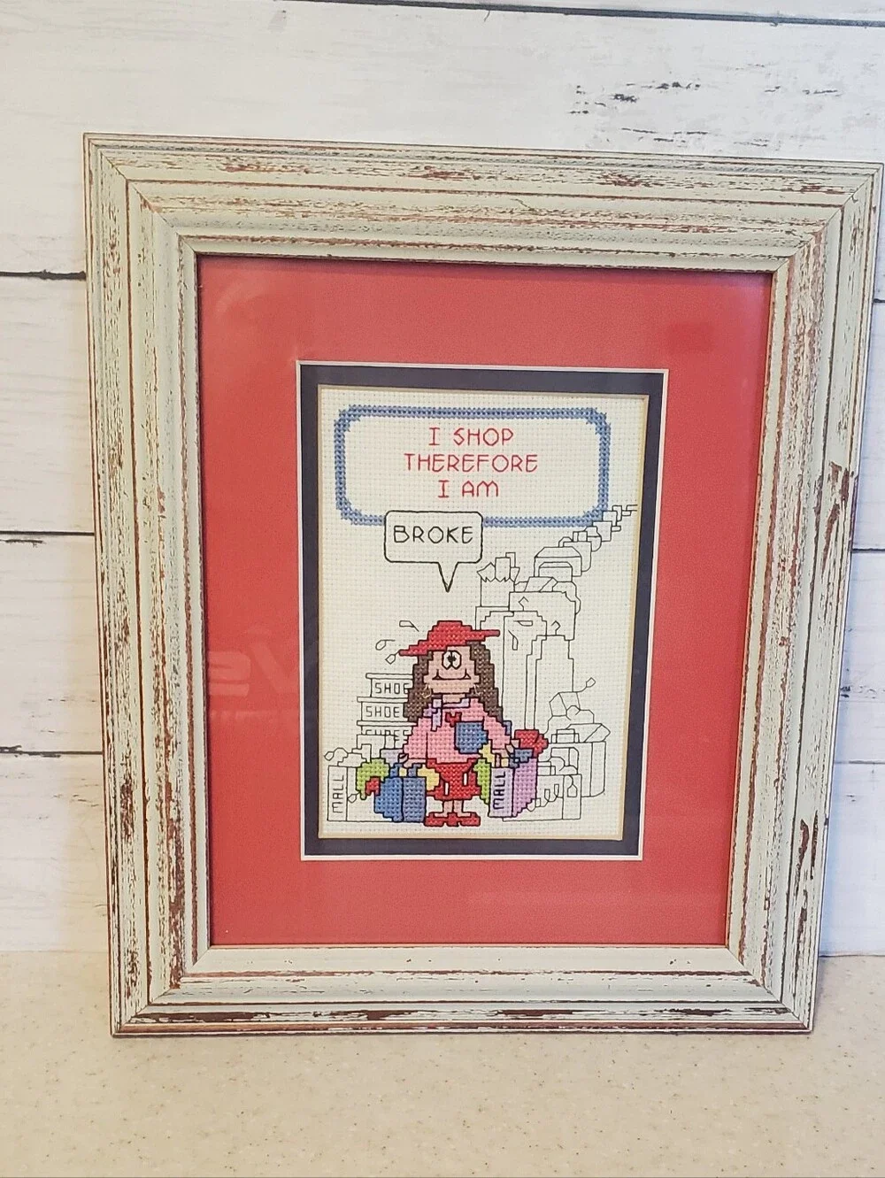 Vintage Cathy Cross Stitch Needlepoint Framed Humor Art Cottagecore Grandmacore